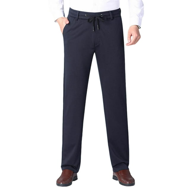 aidice Plus Size Dress Pants for Men Drawstring Elastic High Waist Straight Leg Fall Fleece Lined Warm Trousers with Pockets