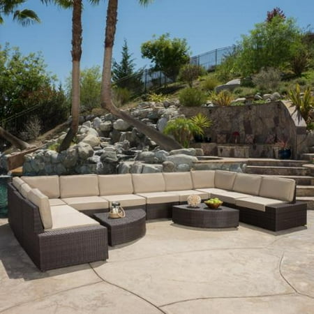 Santa Ramone Outdoor Wicker 12 Piece Conversation Sectional Set, Brown and Beige