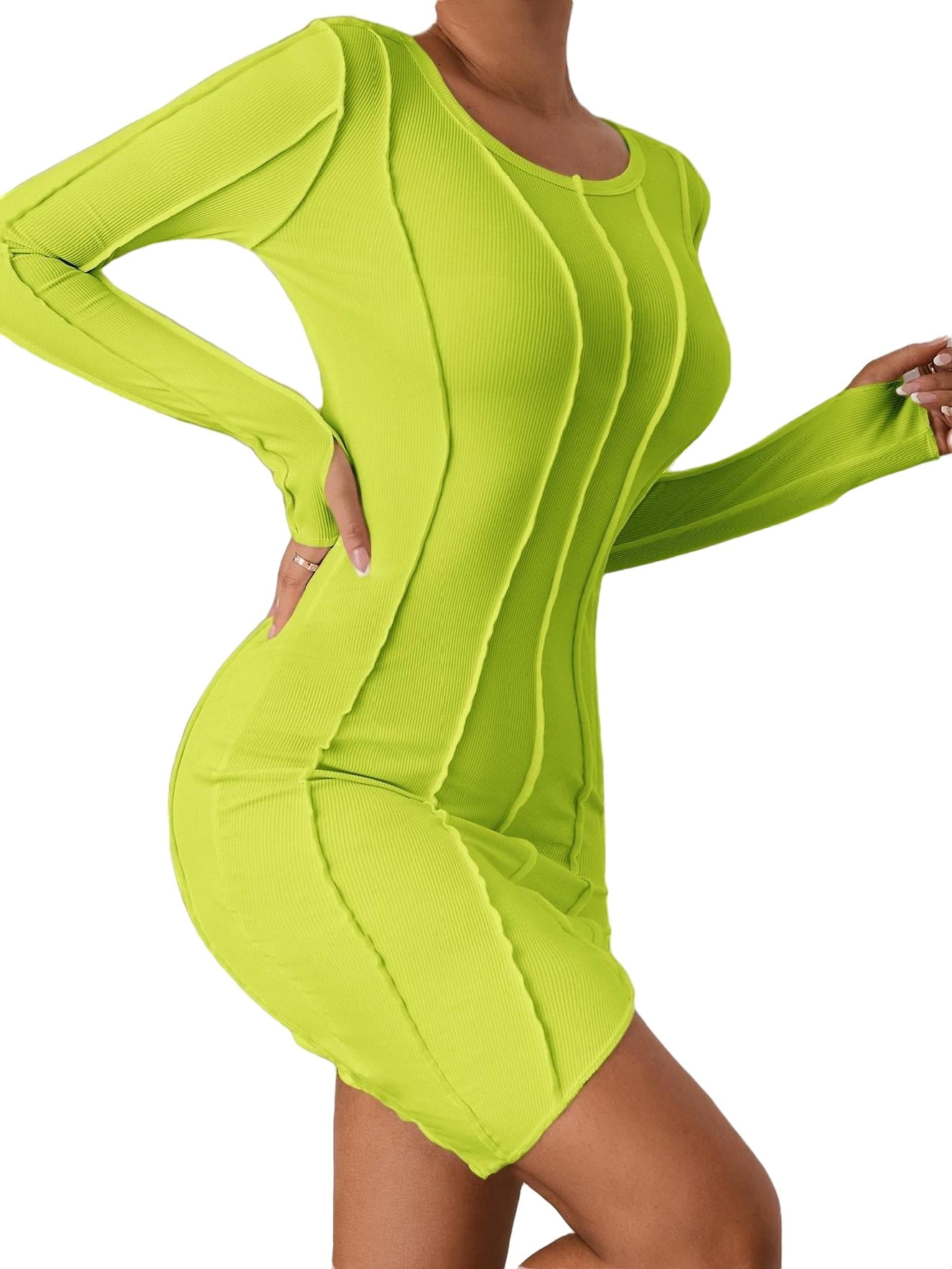 Sexy Scoop Neck Bodycon Long Sleeve Lime Green Women's Dresses (Women's