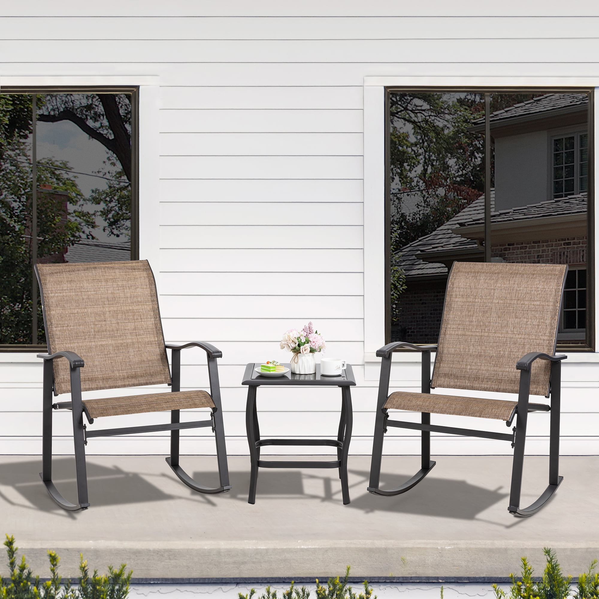 Walsunny 3 Pieces Rocking Bistro Patio Furniture Rocker Set with 2 Outdoor Rocking Chairs and 1 Glass Coffee Table for Porch Deck Lawn,Brown