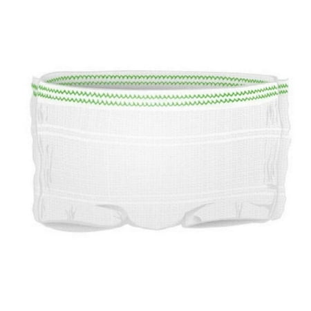 AMZ 100 pack Disposable Knit Pants. X-Large White Unisex Pants, green waistband. Pull On Polyester, Spandex Seamless Panties for leak protection, postpartum, post surgery, C-sections. Up to 62