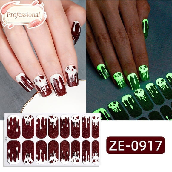 Glow In The Dark Halloween Nail Wraps, Self-Adhesive Full Cover Nail Art Stickers, Luminous Wine Red Fake Nail Decals for Women Girls Halloween Cosplay Party DIY Manicure Decorations