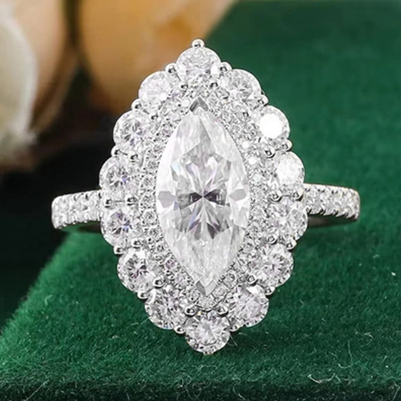 solitaire jewels Art Deco Marquise Moissanite Halo Engagement Ring For Women, 10K White Gold