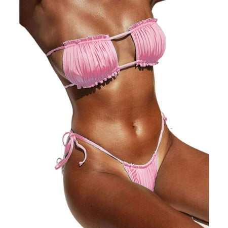 

HOTYA Women Low Waisted Bikini Set Sports Solid Color Swimsuit Sexy Ruched Strapless Hollow Out Bra Cheeky Bottom Bathing Suit