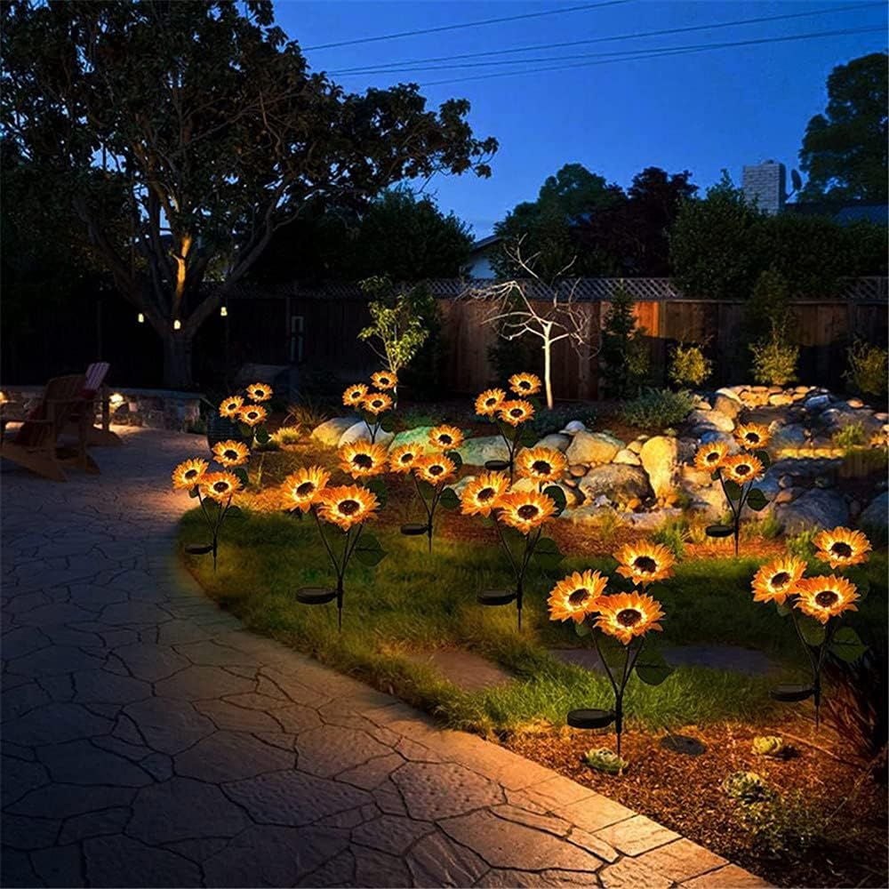 2 Pack Flashing Outdoor Solar Garden Stake Lights,Upgraded LED Solar Powered Light with 3 Heads Sunflower, Waterproof Solar Decorative Lights for Garden, Patio, Backyard