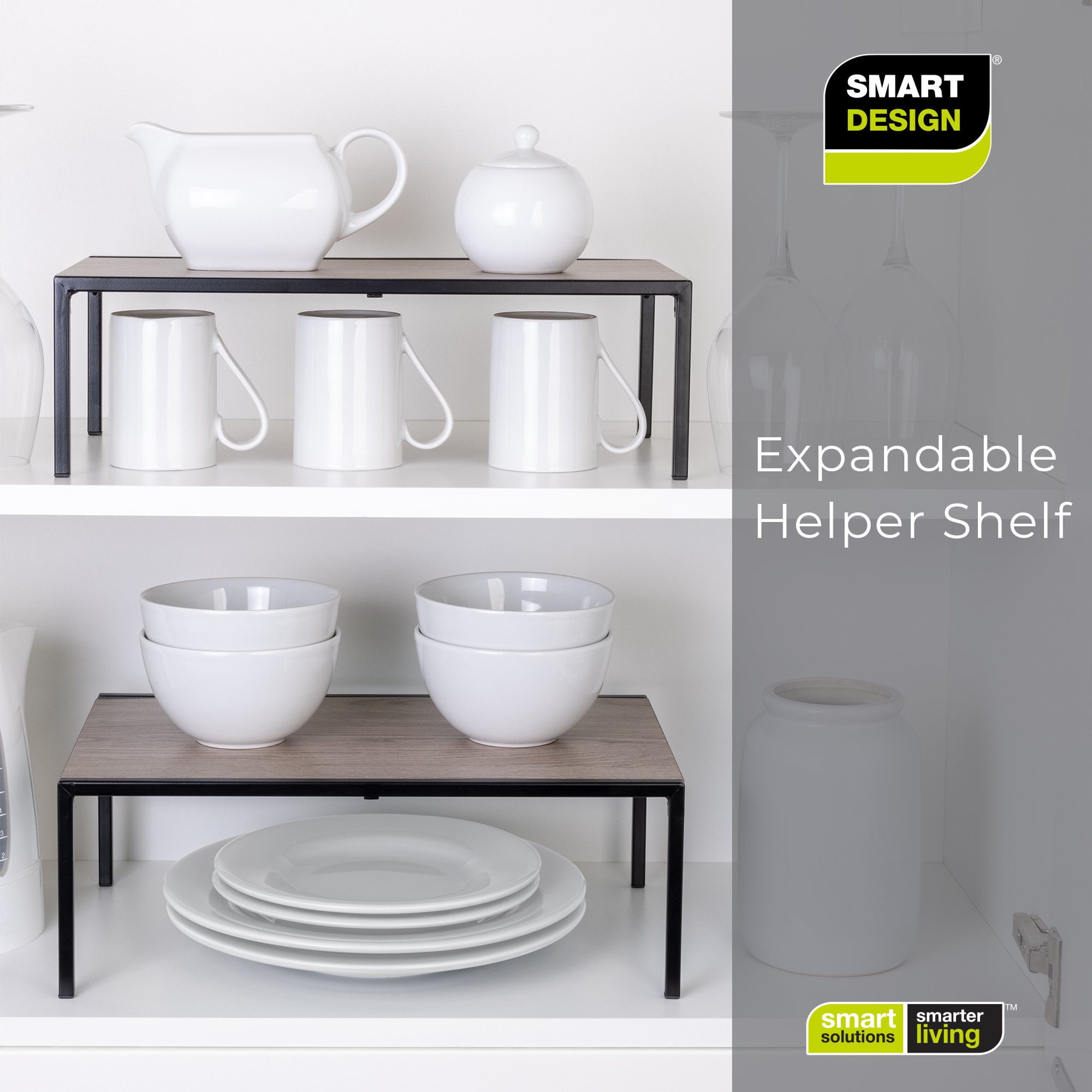 Smart Design Expandable Kitchen Storage Shelf with Premium Wood Accents- Black