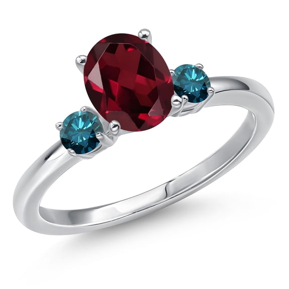 Gem Stone King 14K White Gold Red Rhodolite Garnet and Blue Diamond Engagement Ring for Women | 1.55 Cttw | Oval 8X6MM | Gemstone January Birthstone | Size 8