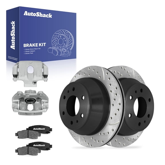AutoShack Rear Vented Drilled & Slotted E-Coated Brake Rotors   Ceramic Pads   Calipers 8-PC Brake Kit Replacement for 2002-2009 Chevrolet Trailblazer 2002-2009 GMC Envoy ShadowGuard 12.8" (325 mm)