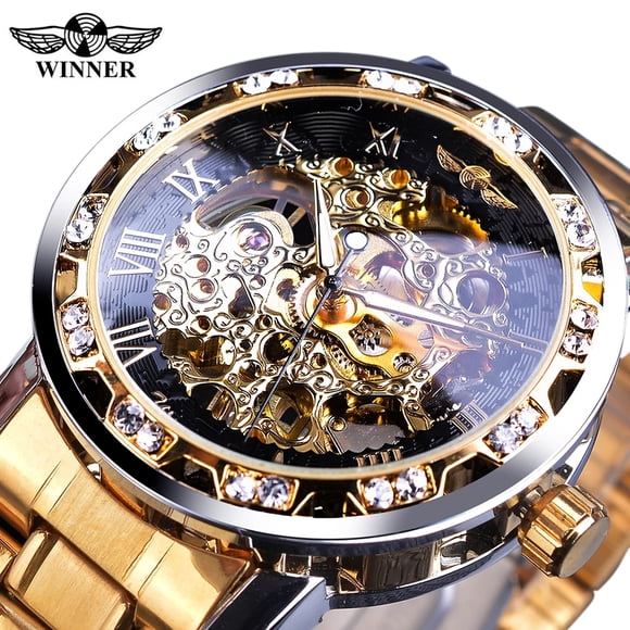 WINNER Elegant Skeleton Dial Men's Mechanical Watch with Luminous Hands, Stainless Steel Band, Retro Luxury Design, Waterproof, Perfect Gift for Men.