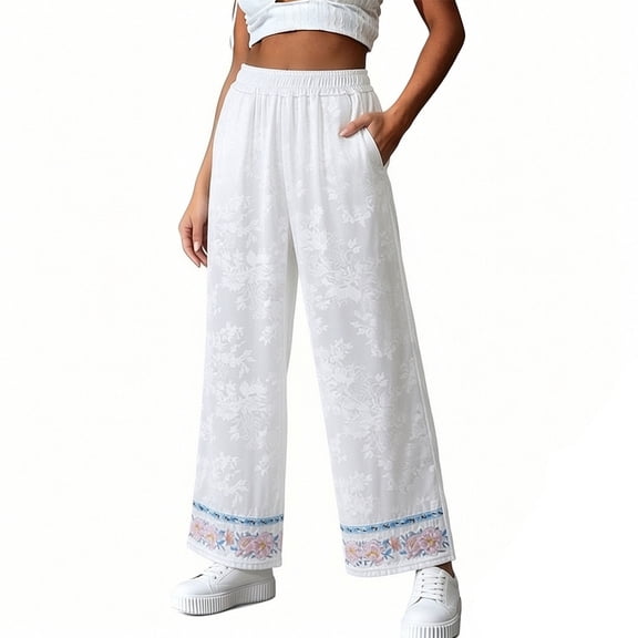 Admvng Womens Plus Size Pants Satin Embroidered Wide Leg Elastic Waist Casual Summer Full Length Trousers with Pockets