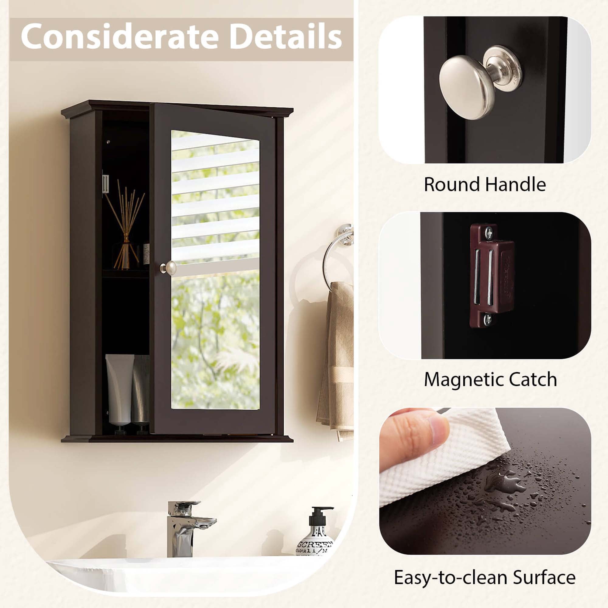 Costway Bathroom Wall Cabinet Single Mirror Door Cupboard Storage Wood Shelf Brown