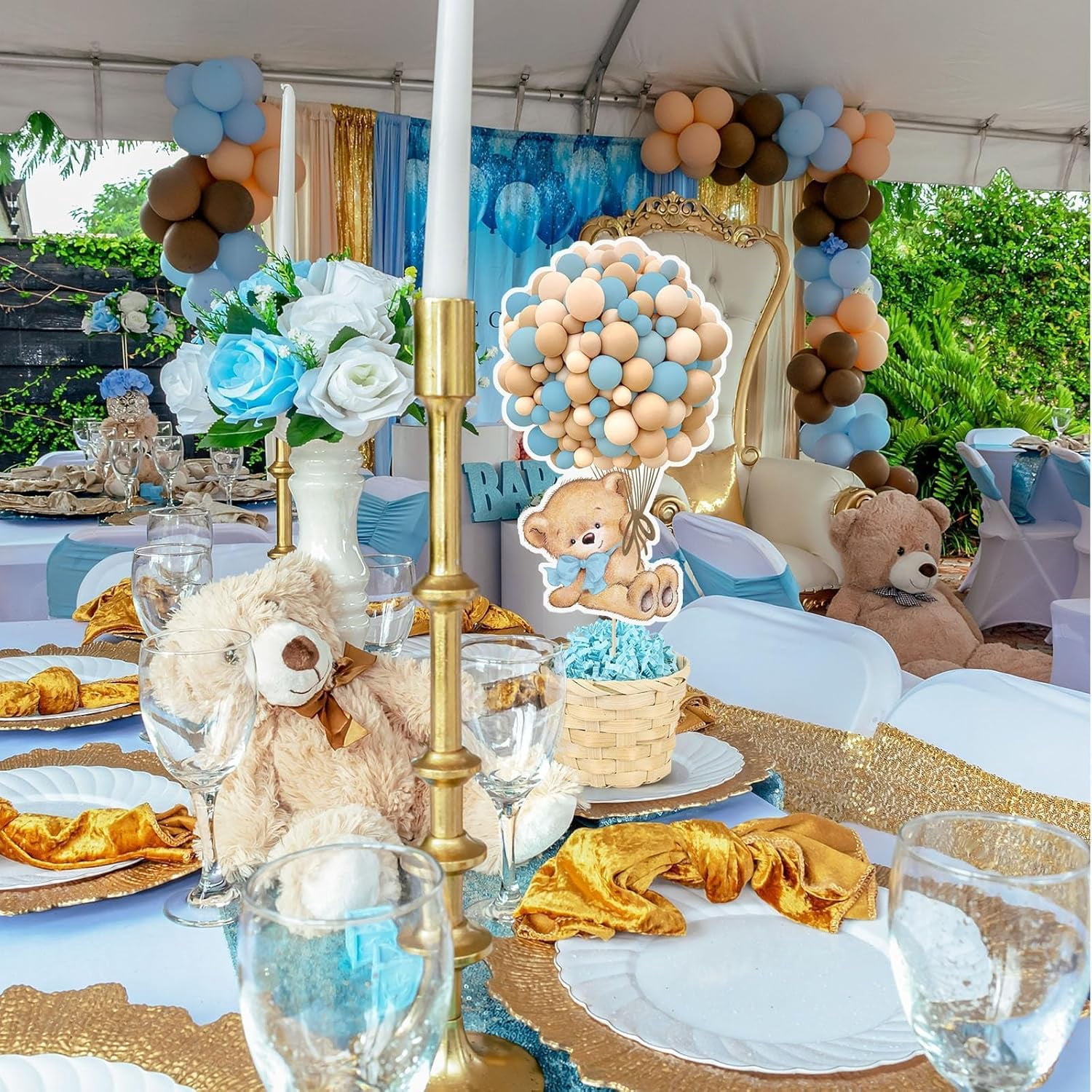 6 Set Blue Baby Shower Table Centerpieces Decortion Hot Air Balloon Cute Babys Bear with Bamboo Basket Lafite Garss Welcome Oh Baby We Can Bearly Wait Boy Or Girl Gender Reveal Party Favor