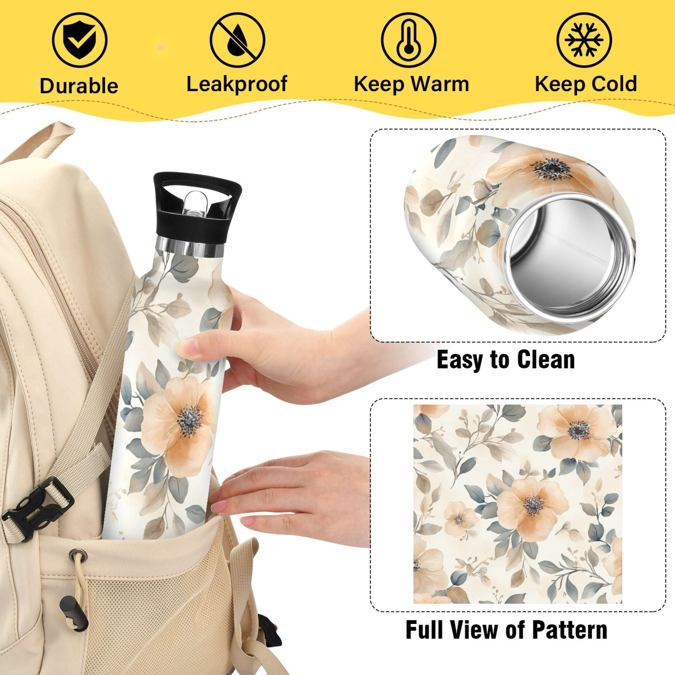 600ML Stainless Steel Insulated Cup Sports Water Bottle Portable Thermos Cup Water Glasses Insulated Tumblers Convenient and Durable Beautiful Orange Flowers