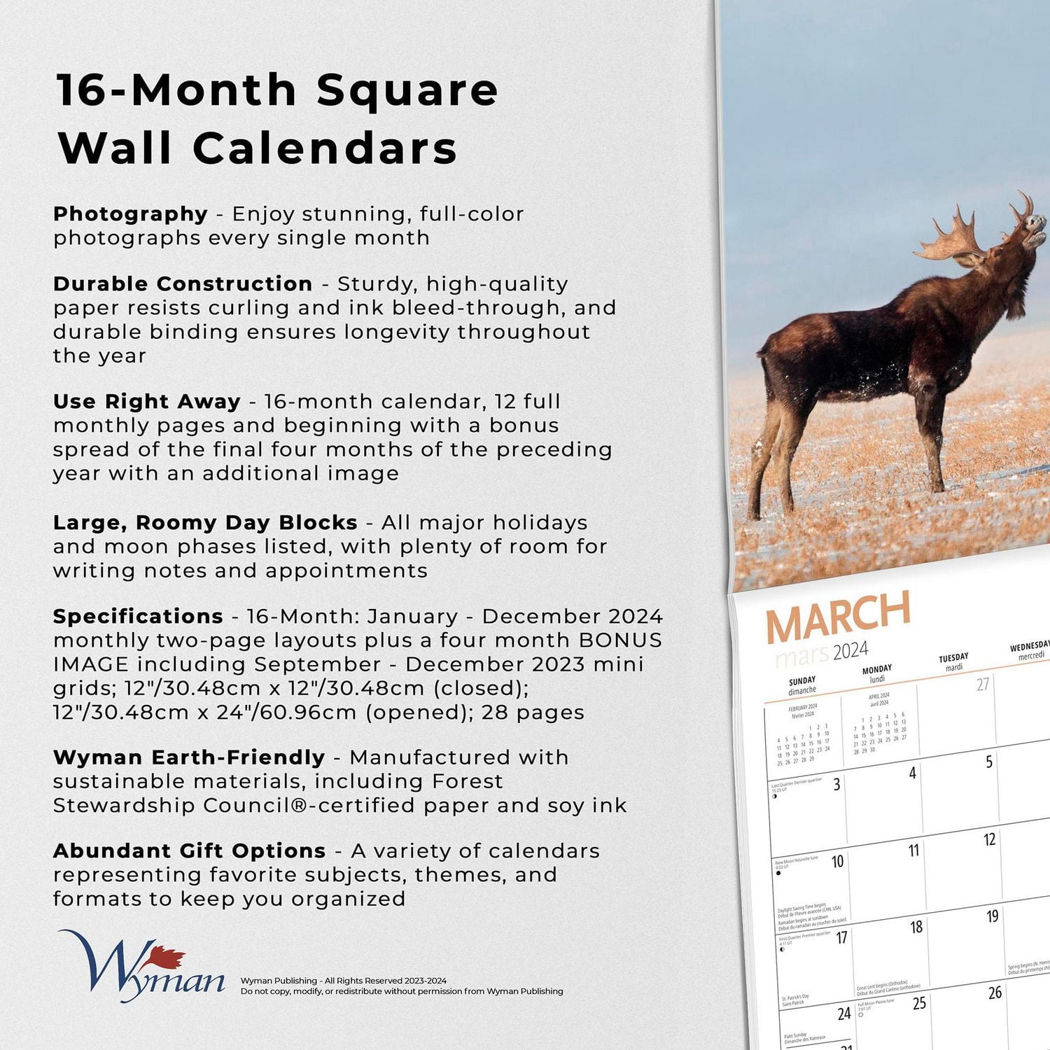 Wyman Publishing Élans par Canadian Geographic 2024 30.48x60.96 CM Mur Carré Calendrier, 9781525611711