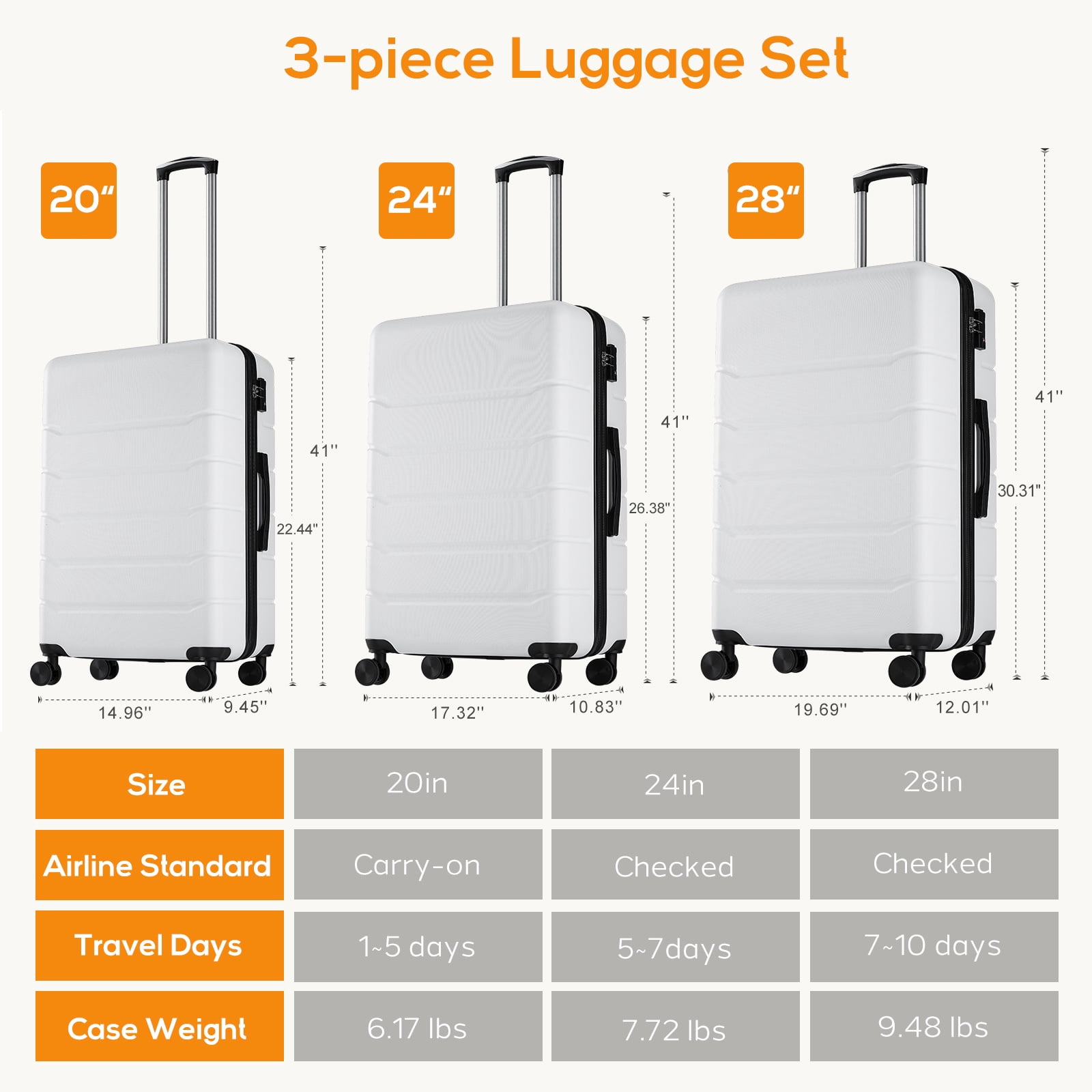 Aidoly 24 inch Lightweight Expandable Spinner Luggage with TSA Lock for Adult Teen, White
