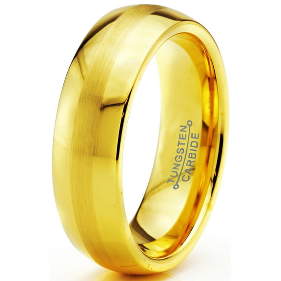 Charming Jewelers Tungsten Wedding Band Ring 6mm for Men Women Comfort Fit 18K Yellow Gold Plated Dome Round Brushed Polished Lifetime Guarantee Size 4