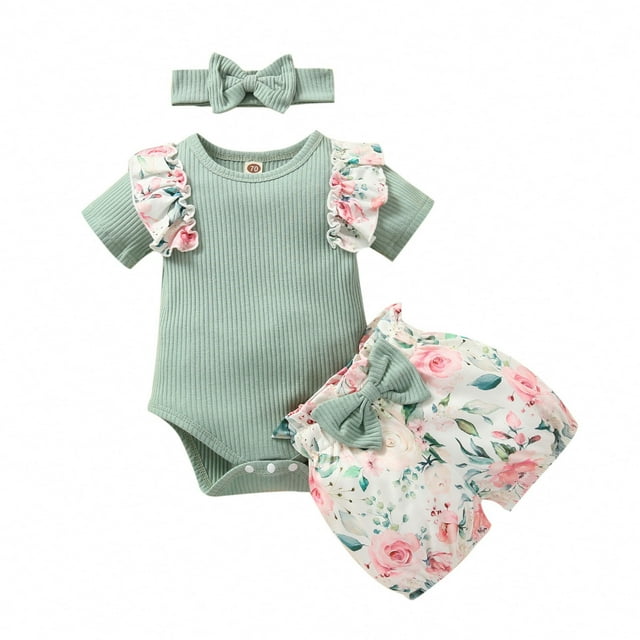 goowrom Barboteuse à Manches Courtes pour Bébé + Shorts + Bandeau avec Nœud, Imprimé Floral