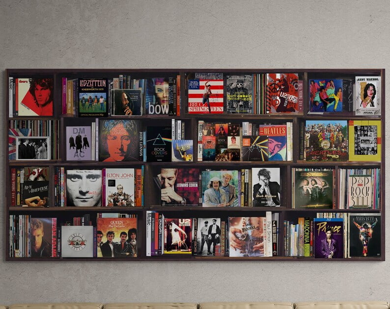 Bookshelf Retro Album Cover Canvas Art, Bookshelf Retro Album Covers