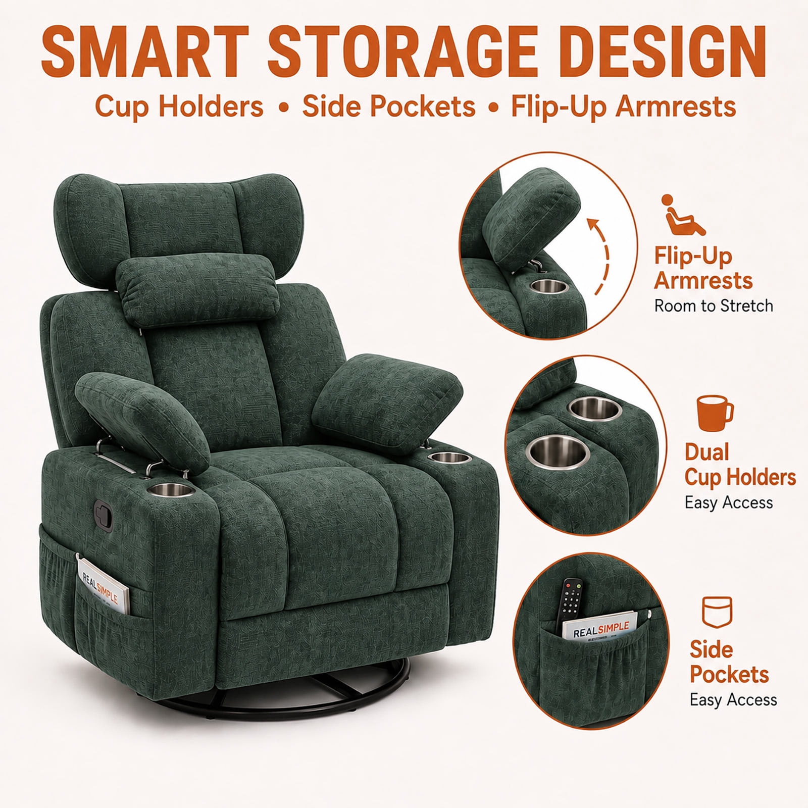 Leumius 360° Swivel Recliner Chair, Single Recliner with Adjustable Detachable Neck Pillow Ergonomic and Cup Holders, 300lbs Capacity Versatile Lounge Chair for Living Room Bedroom Home Theater