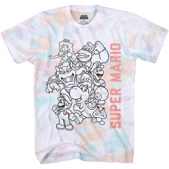 Nintendo Men's Super Mario Black And White Character Squad Tie-Dye T-Shirt, S