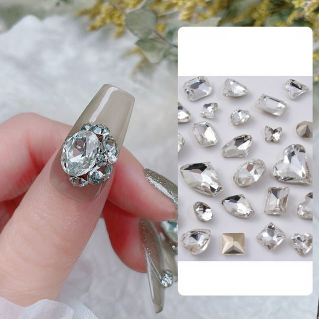 30Pcs Nail Rhinestones Transparent Pointed Bottom Shaped Super Shiny Three-dimensional Anti-fall DIY Nail Art Faux Crystal Water Drop Love Heart Butterfly Nail Jewelries Decorations for Women