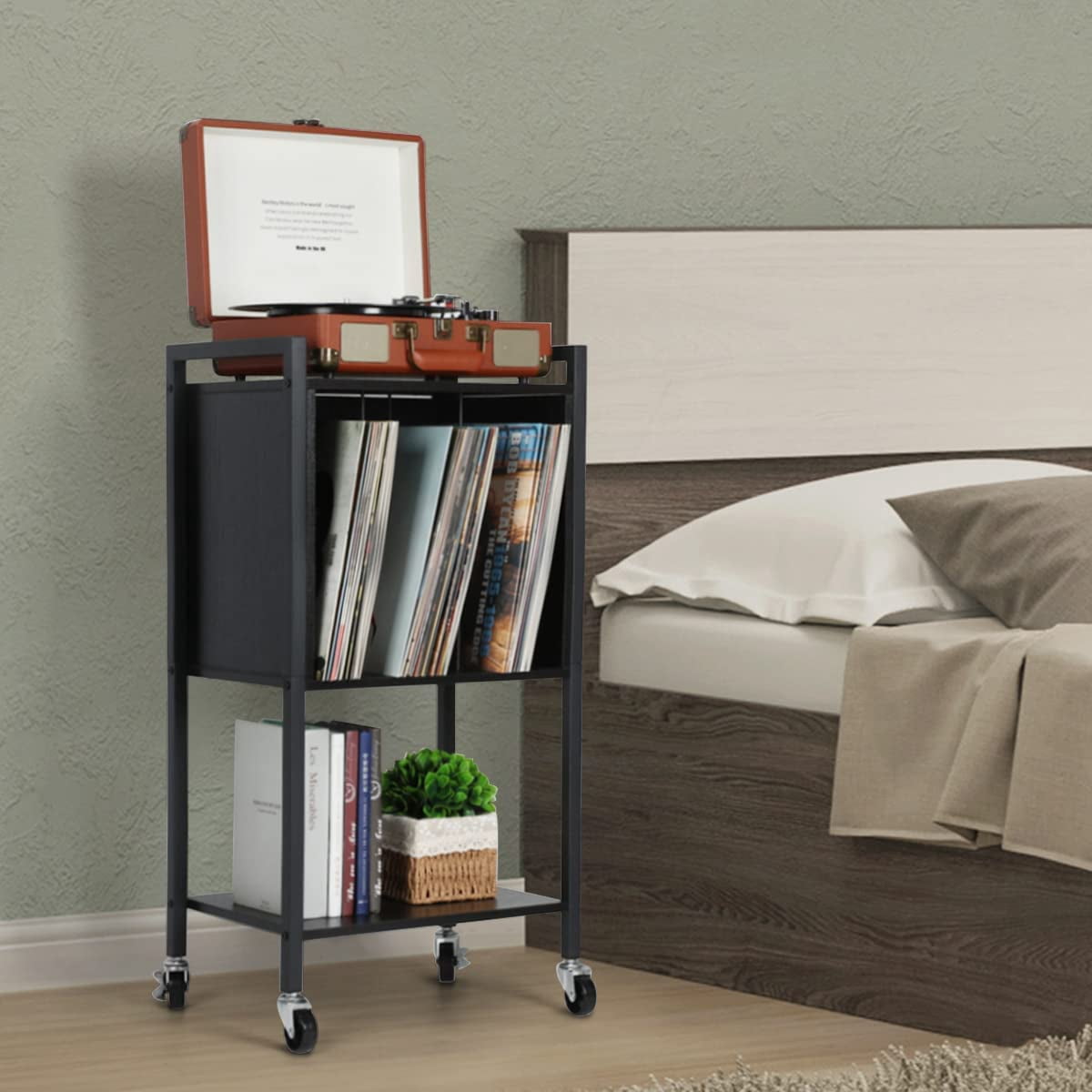 Record Player Stand End Table with Vinyl Record Storage Holder, Black