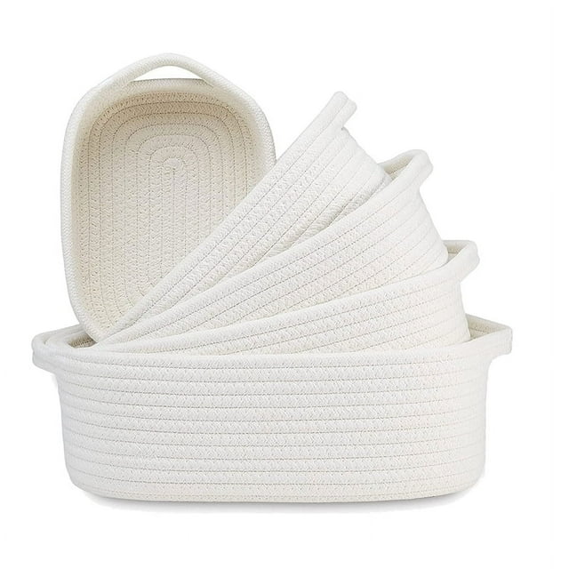 Juego de 5 cestas de almacenamiento rectangulares, cestas tejidas de cuerda de algodón para organizar la habitación del bebé, cestas de juguetes para perros de color blanco