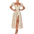 thumbnail image 1 of Franhais Women’s Casual Puff Sleeve Dress Summer Floral Lace-up Square Collar Split Long Dress, 1 of 9