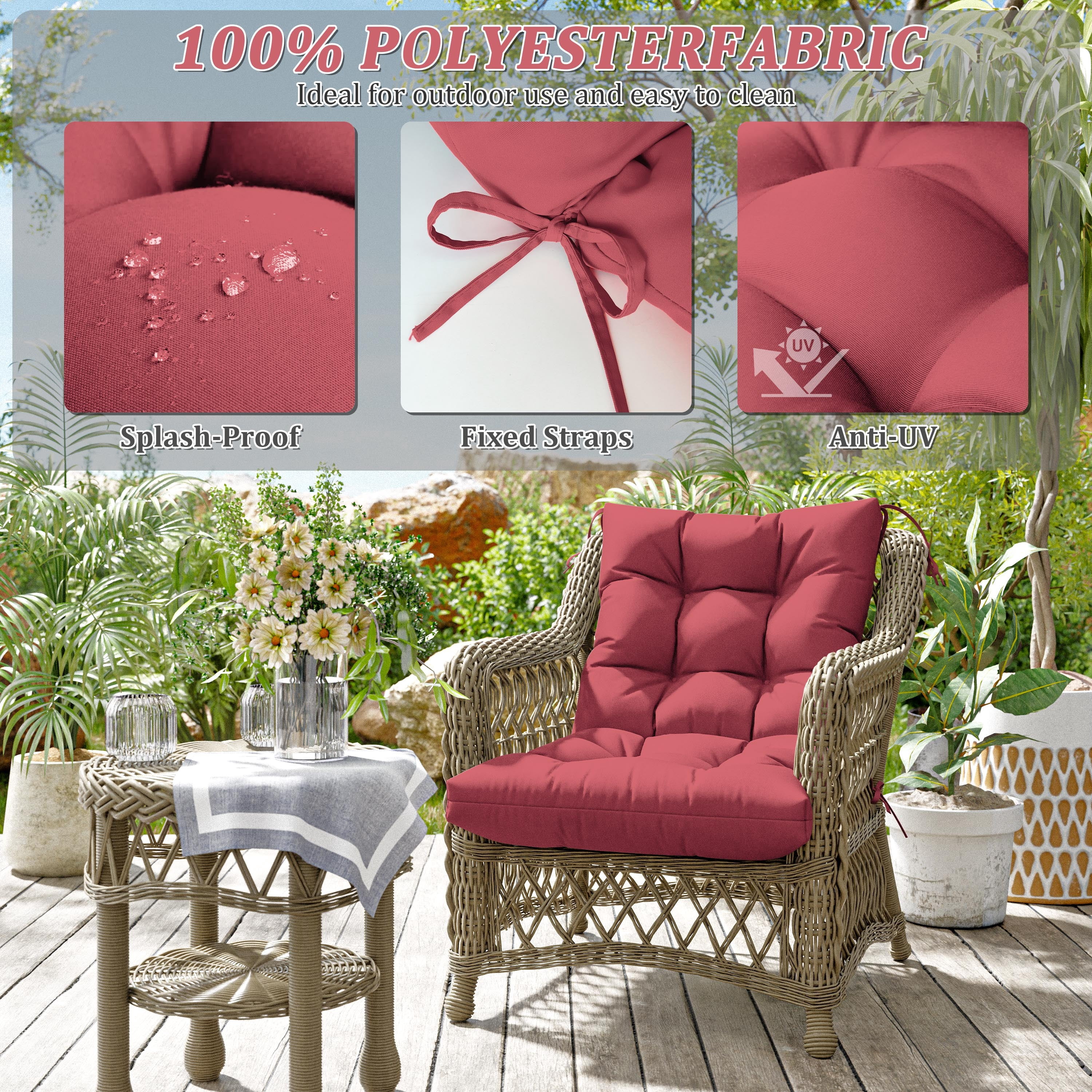 Pakunoda Chairs Cushions 42" X 21" Tufted Non Slip Pad Seat and Seatback 2 Set Cushion with Ties for Patio Outdoor & Indoor Rocking Chair, Fuchsia Red