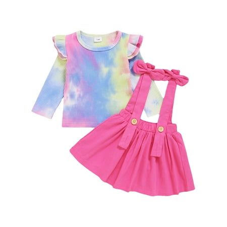 

Toddler Baby Girl Kids Tie Dye Tops T shirt Bowknot Suspender Skirt Outfits Set Clothes