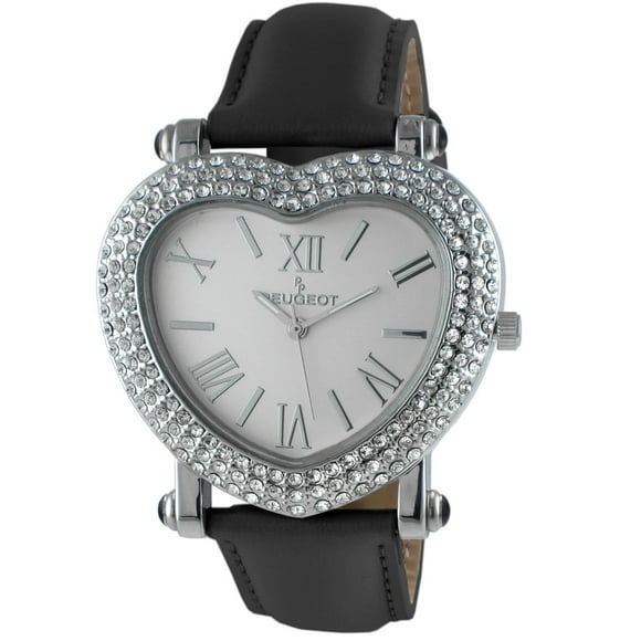 Peugeot Womens Heart Shaped Crystal Watch Black Strap