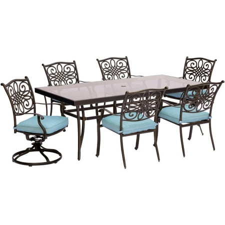 Hanover Traditions 7-Piece Dining Set in Blue with Extra Large Glass-Top Dining Table