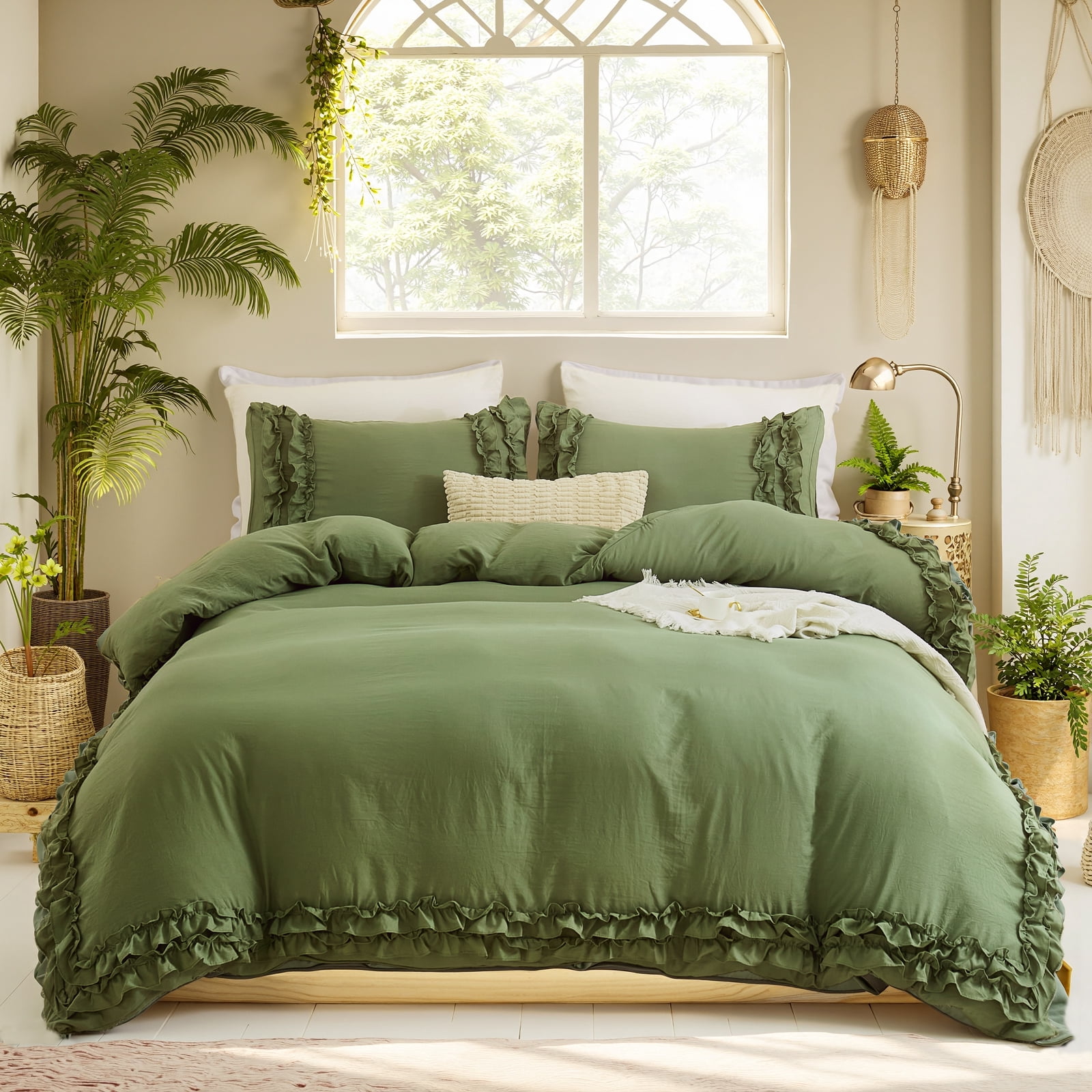 Avocado Green Ruffle Duvet Cover Set Queen Size Shabby Chic Bedding Set Ruffled Farmhouse Avocado Green Comforter Cover Boho Duvet Cover Set