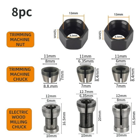 

BCLONG 8Pcs 6Mm 6.35Mm 8Mm Collet Chuck For Engraving Trimming Machine Electric Router
