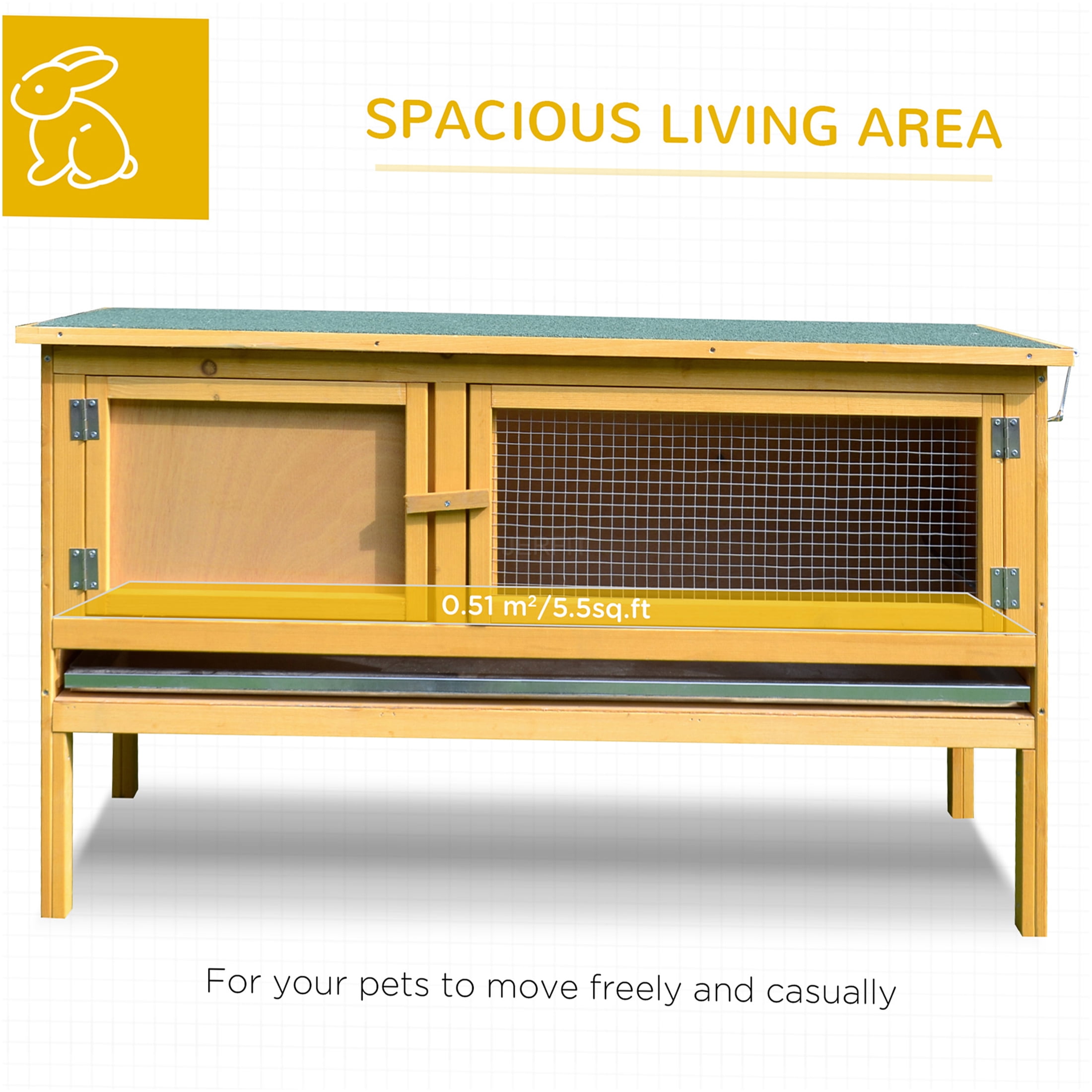 JERFIT Elevated Outdoor Rabbit Hutch with Waterproof Roof, Pull-Out Tray & Ventilated Design, Wooden Bunny Cage for Indoor/Outdoor Use, Yellow