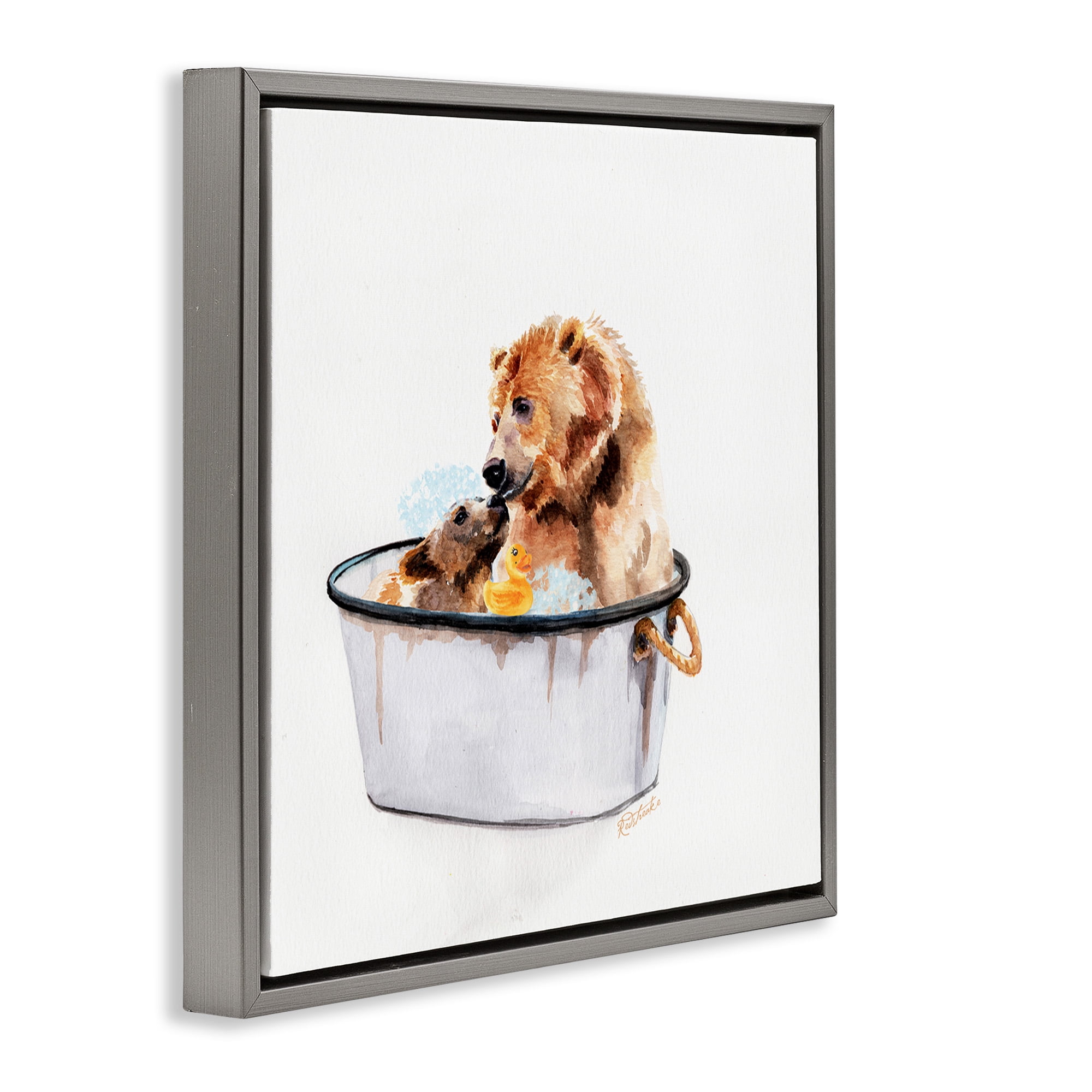 Stupell Industries Mother Bear & Cub Bathing Animals & Insects Painting Gray Floater Framed Canvas Art Print Wall Art, 18 x 18