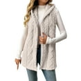 thumbnail image 2 of Women's Sleeveless Plush Vest, Mid Length Hooded Jacket with Zip Front, Soft Pile Fleece Outerwear, Embossed Pattern Casual Coat, Cozy Fall Winter Seasonal Layer Beige L, 2 of 9