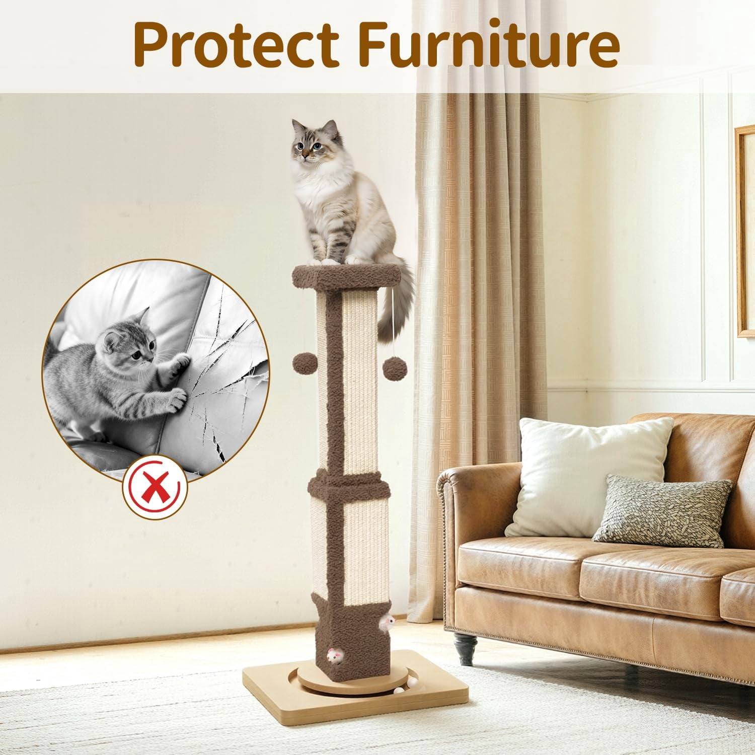 Tall  Scratching Post for Large Cats Kittens, 33 Indoor Sisal Vertical Pole Heavy Duty Square Structure with 4 Interactive Mouse Holes and Track Ball Base, Shields Furniture from Scratches