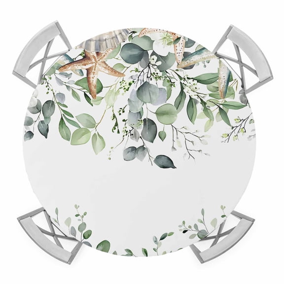 Sage Green Coastal Round Tablecloth for 36-44 Inch Tables, Fitted Table Cover with Elastic Edge, Spring Eucalyptus Leaves Waterproof Outdoor Table Cloth Protector for Patio Garden Dinner Picnic