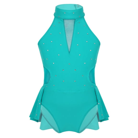 YONGHS Kids Girls Sparkly Rhinestone Ice Figure Skating Dress Ballet Dance Skirted Leotard Turquoise 10