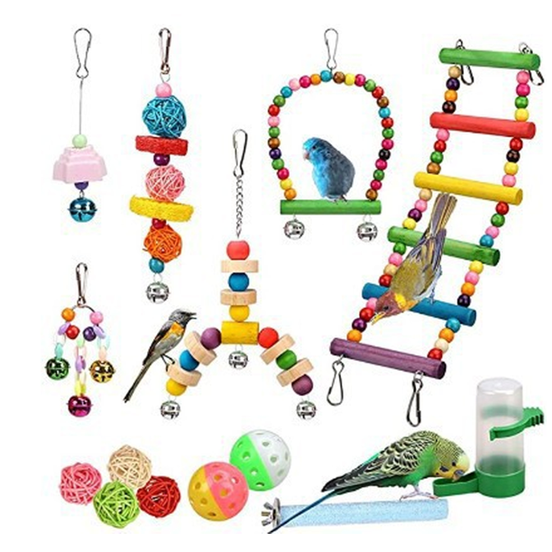 Juguetes para pájaros, 17 piezas de patas de madera, columpios, escaleras, escalada encaramada para jaulas de pájaros pequeñas y medianas, loros
