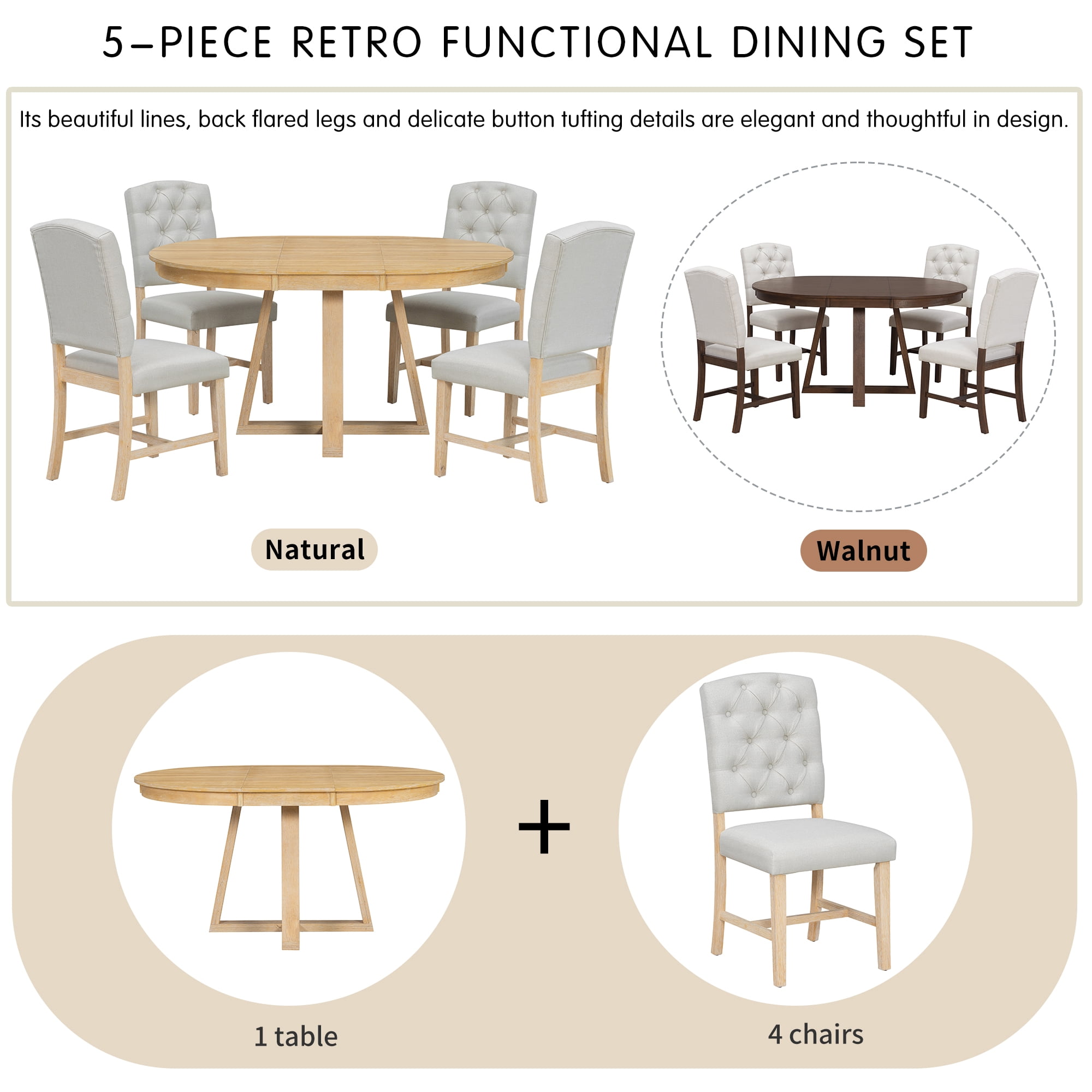 5-Piece Dining Table Set for 5, 42"-58" Extendable Round Dining Table with 4 Upholstered Chairs