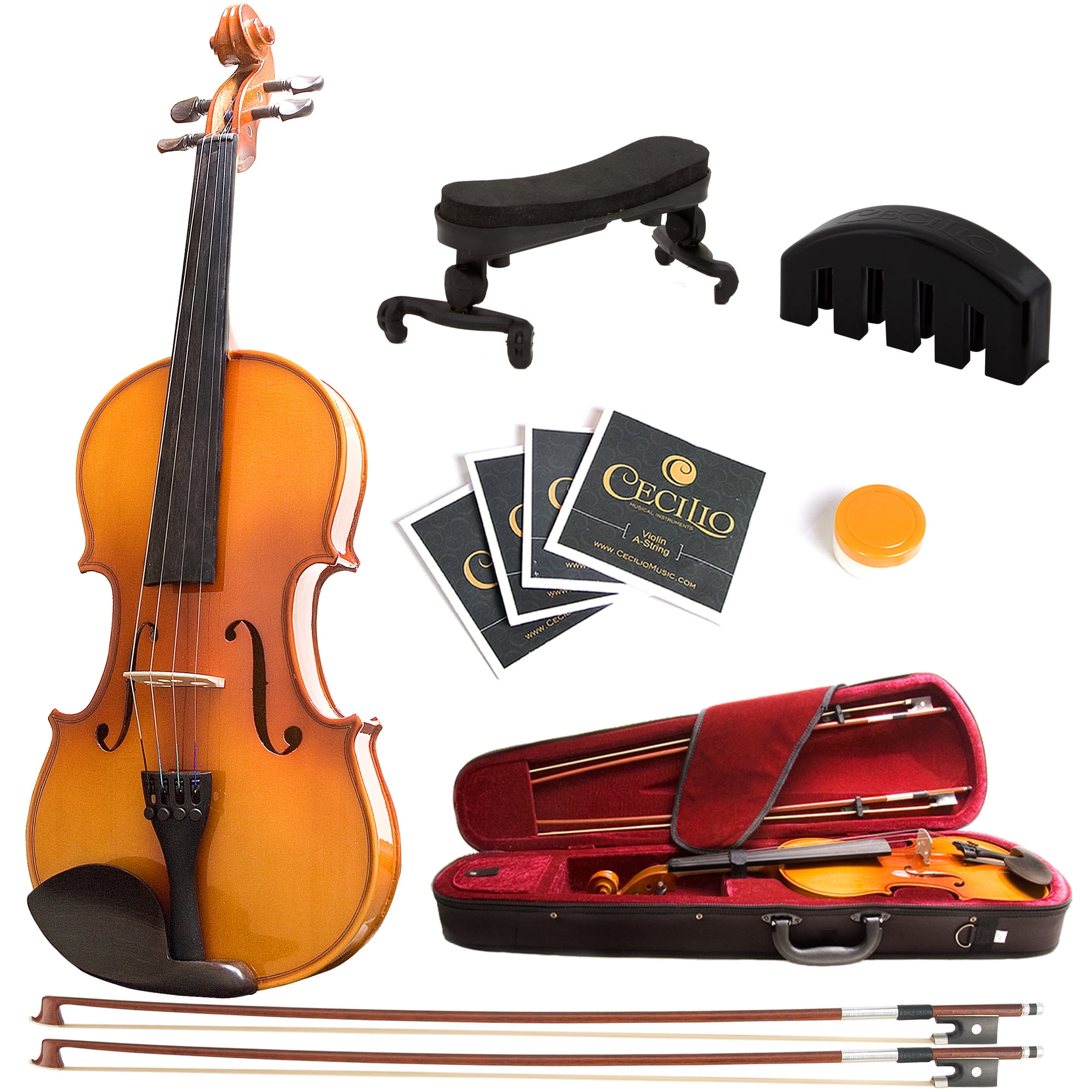 Mendini by Cecilio Size 3/4 MV400 Ebony Fitted Solid Wood Violin with 2