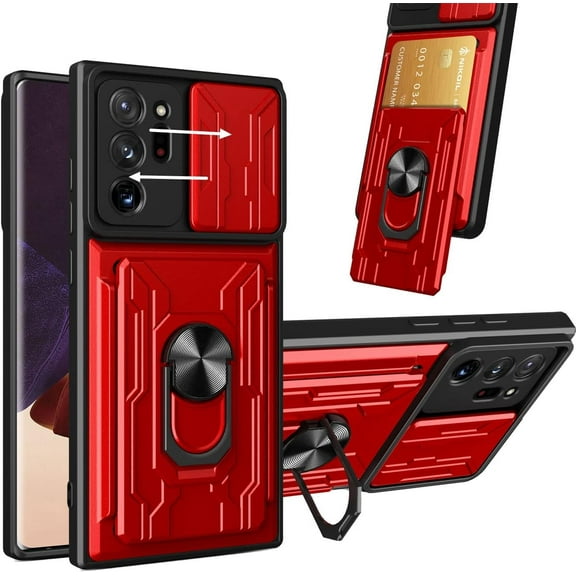 for Samsung Galaxy Note 20 Ultra Case, with Removable Kickstand & Card Holder,Slide Camera Cover Ring Stand Hybrid Heavy Duty Hard Luxury Phone Case for Galaxy Note 20 Ultra (Note20Ultra, Red)