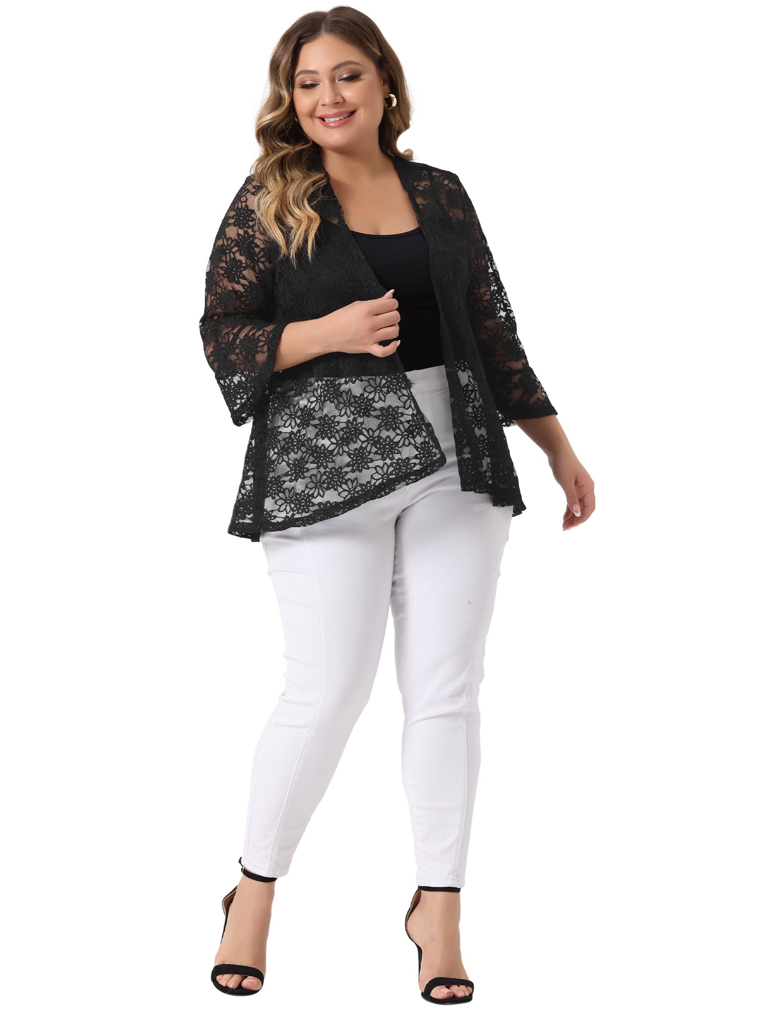 DARING DIVA Women's Plus Size Open Front 3/4 Sleeve Sheer Lace Cardigan 2X Black