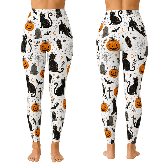 Lotusprinthandmade Black Cat Halloween All-over Print Leggings, Spooky Autumn Yoga Pants