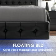 Homfa Queen Floating Bed with Lights, LED Platform Bed Frame with Under Bed Storage, PU Leather Adjustable Tufted Upholstered Bed, Black