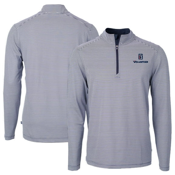 Men's Cutter & Buck  Navy PGA TOUR Volunteers Big & Tall Virtue Eco Pique Micro Stripe Recycled Quarter-Zip Pullover Top
