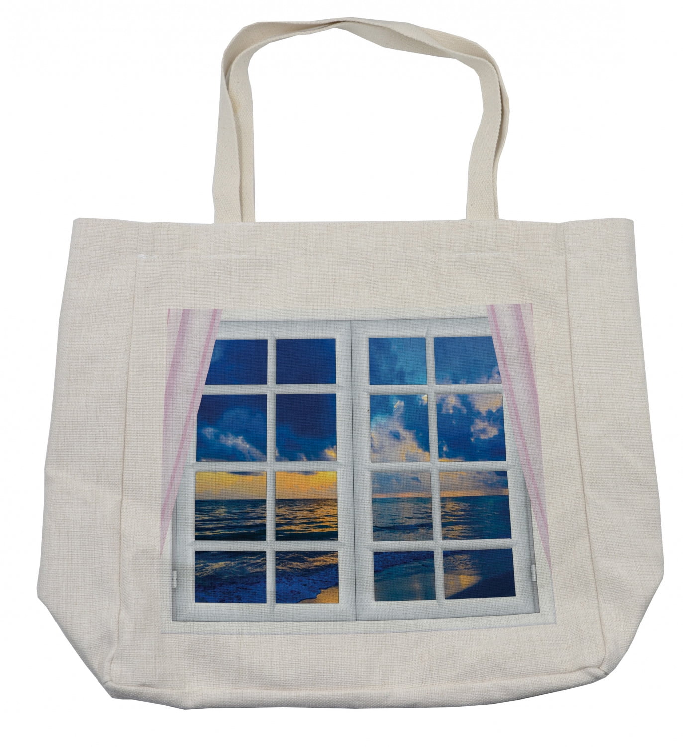Landscape Shopping Bag, Sunset on the Sea Scenery from Window with Open ...
