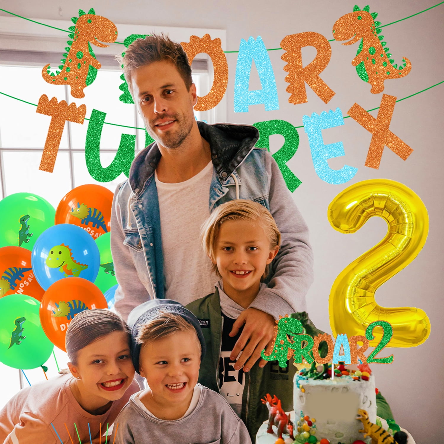 Dinosaur 2nd Birthday Party Decorations for Boys and Girls, Green Dinosaur with ROAR TWO REX Banner and Dinosaur Latex Foil Balloons Cake Toppers for 2 Years Old Boys Girls Birthday Party Supplies
